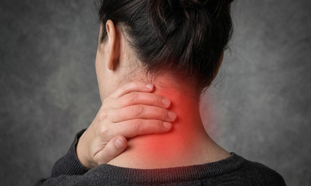 A woman, seen from behind, presenting with some upper back pain, the pain is visualised with a glowing red graphic overlaid.