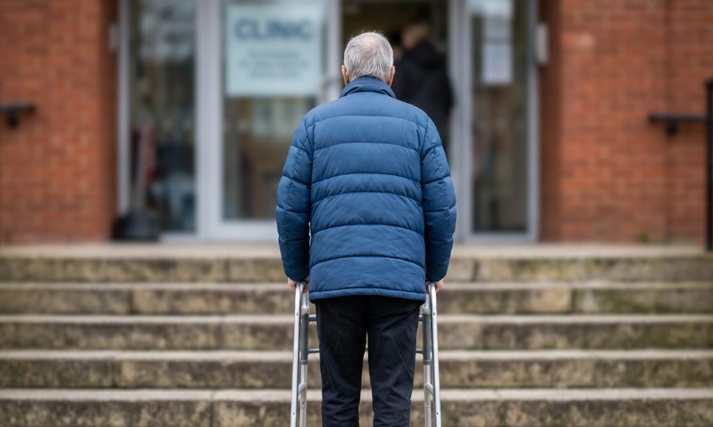 An elderly gentleman, with a walker is faced with a daunting set of steps to overcome