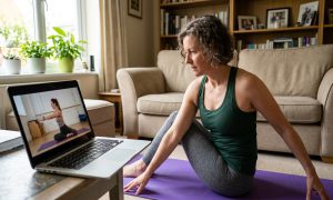 A woman looks at her laptop while performing an at home, 20 minute Pilates class.