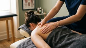 A woman having soft tissue massage as part of osteopathy treatment