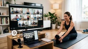 A phot of a woman using her laptop to participate in a vide Zoom Pilates session