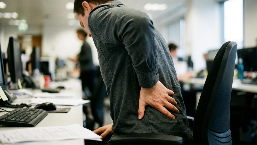 A person with lower back pain in an office at a desk